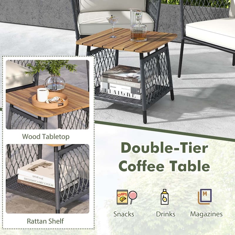 3 PCS Patio Furniture Set Rattan Chair Set w/ Coffee Table & Cushions
