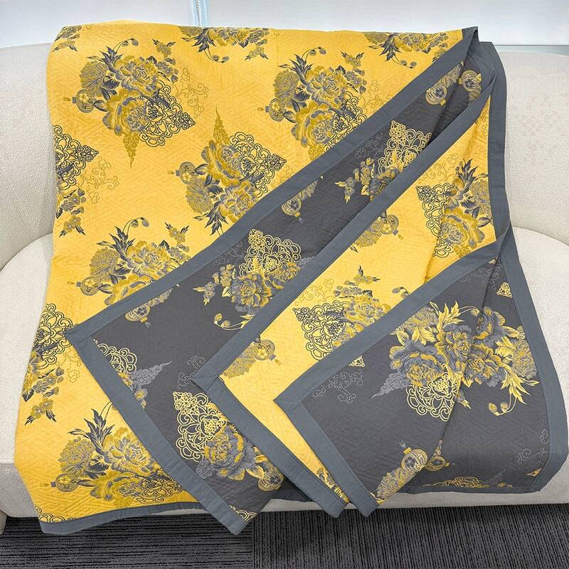 Floral Reverisible Cotton Throw Blanket Yellow & Gray