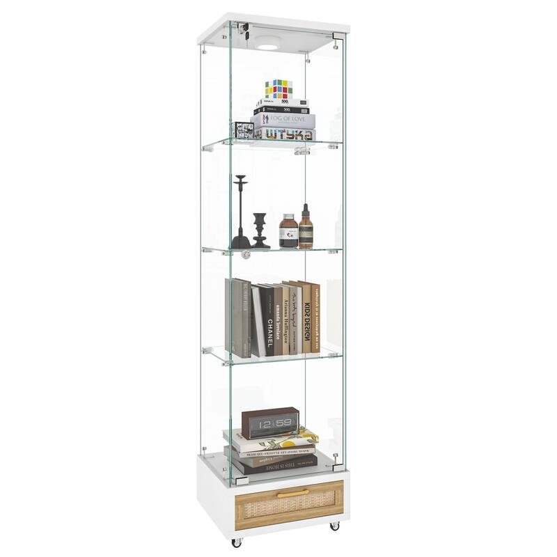 Glass Display Cabinet With Drawer,Cabinet With Led Lights,Tempered Glass Bookshelf, 1-Door Storage Case With 4 Shelves