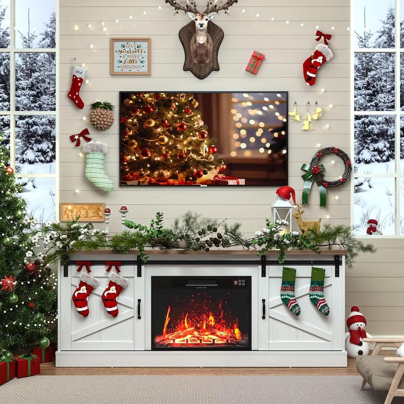 67" Farmhouse TV Stand with Large Cabinet with Sliding Barn Door & Fireplace