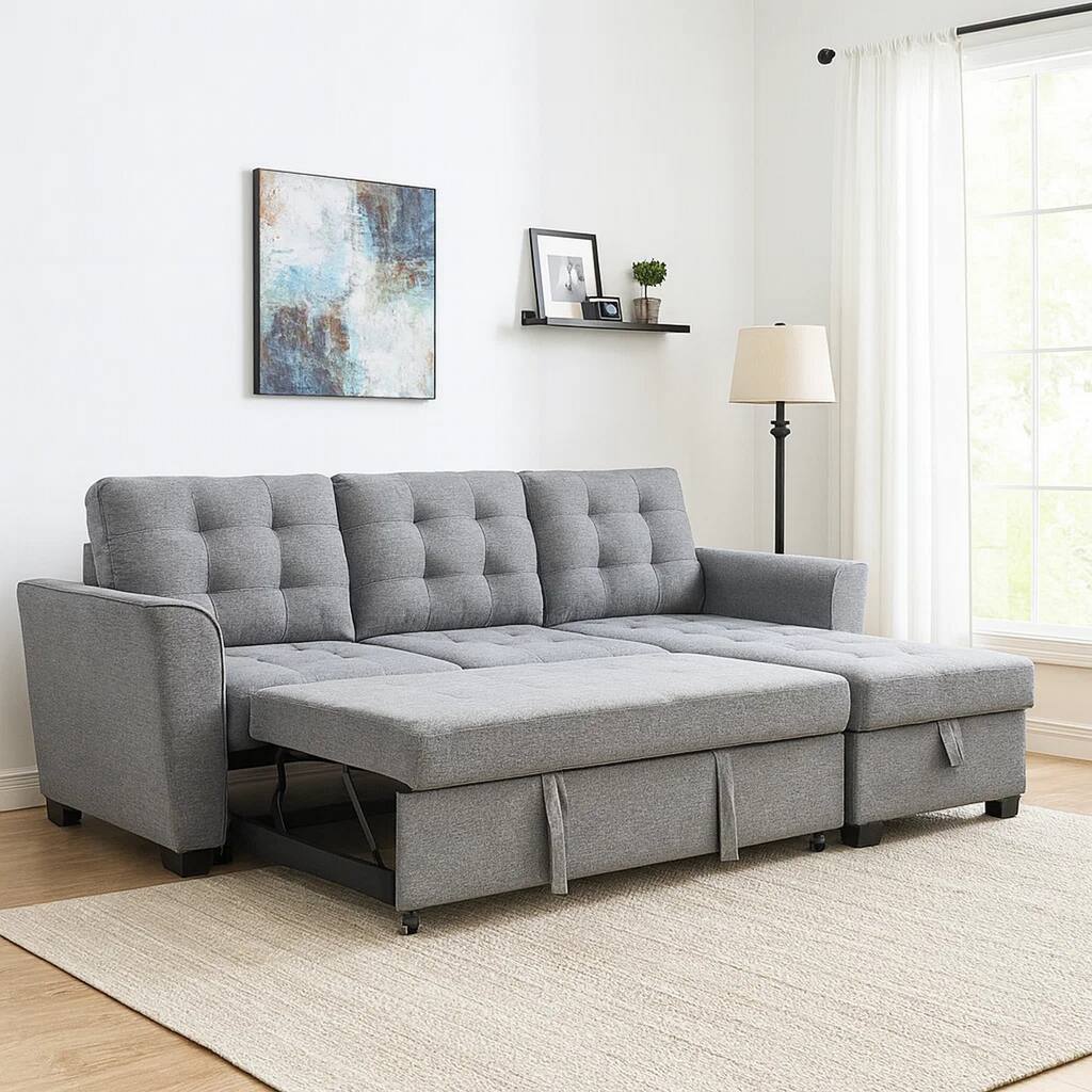 91 Inch Modern Sleeper Sectional Sofa with Reversible Storage Chaise, Gray