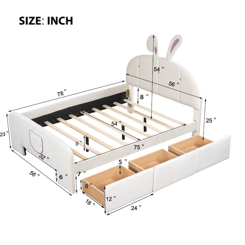 Full Size Velvet Platform Bed with Rabbit-Shaped Headboard, with Drawers, with Bed-End Storage Pocket