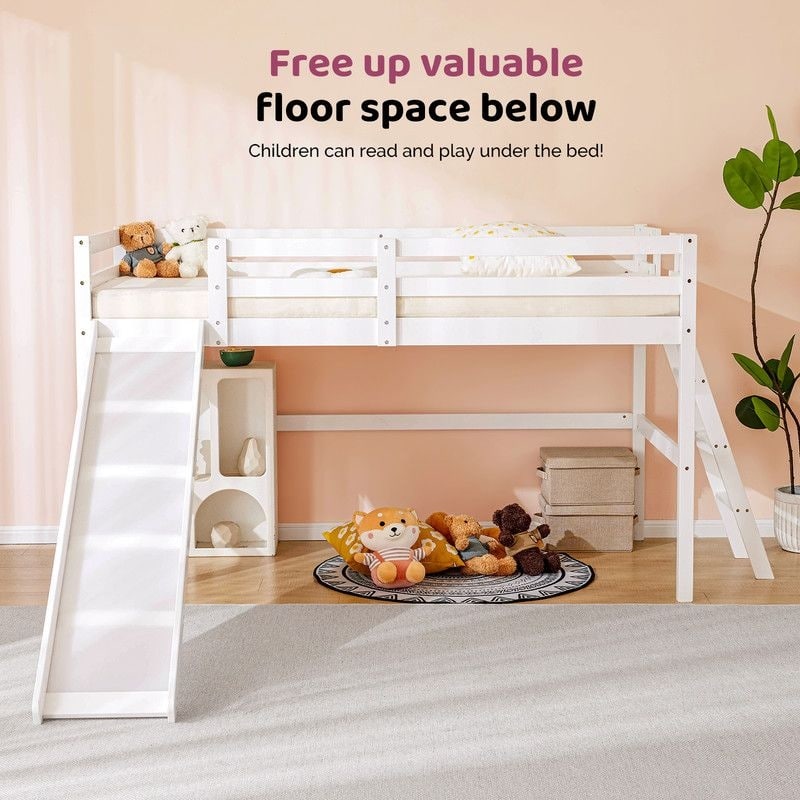 Loft Bed with Slide, Twin, Space Saving Kids Low Loft Bed with Guardrail and Ladder