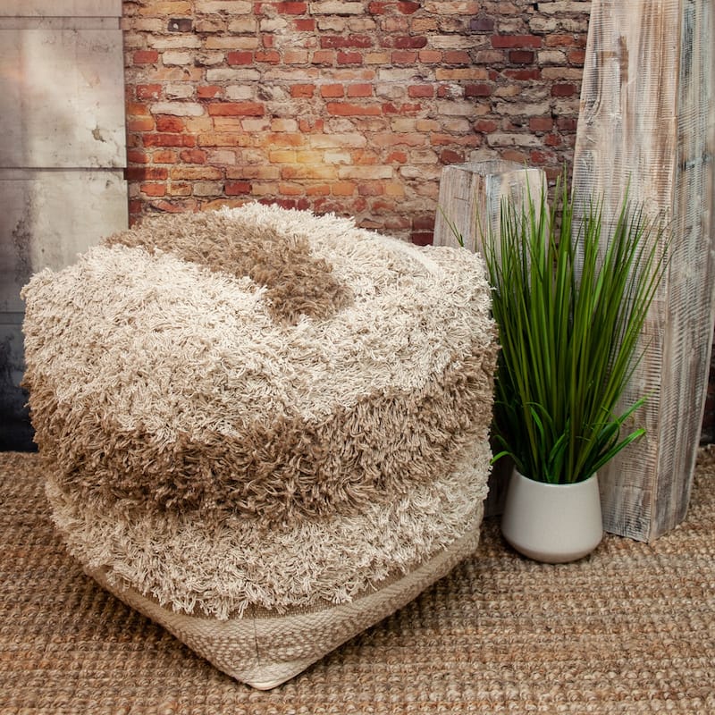 Striped Pouf Ottoman - 18" - Beige and Brown