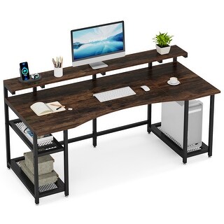 63 Inch Computer Desk with Monitor Stand, Large Office Desk, Brown ...