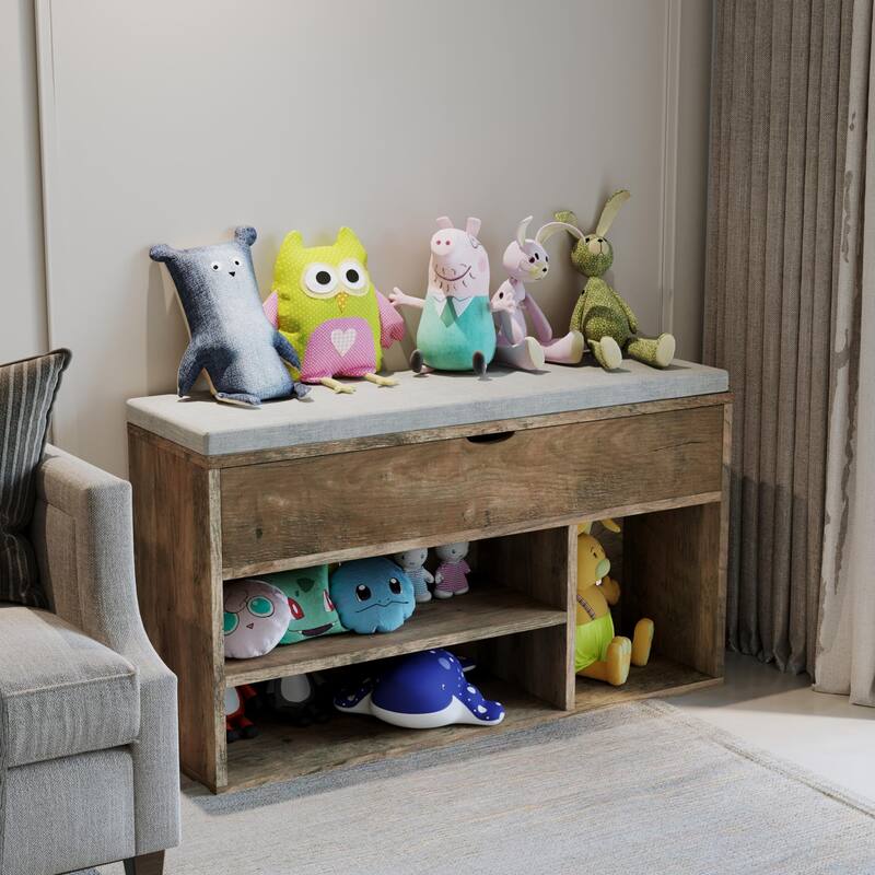 Shoe Storage Bench with a Cushioned Seat and 2 Tiers of Shelves