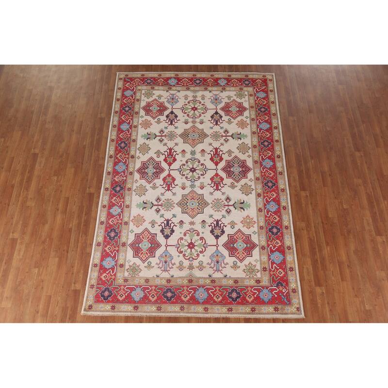 Hand Knotted Oriental 100% Wool Carpet Traditional All-Over Beige & Ivories Kazak Area Rug - 9' 9'' X 6' 5''