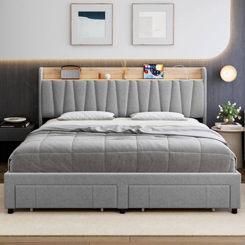 Upholstered Platform Bed with Storage Headboard, Drawer & Charging Station, Wood Slat Support