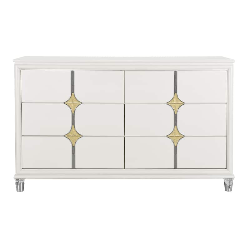 HomeRoots 63" White Wood With Gold Faux Crystal Bling Wood Six Drawer Double Dresser