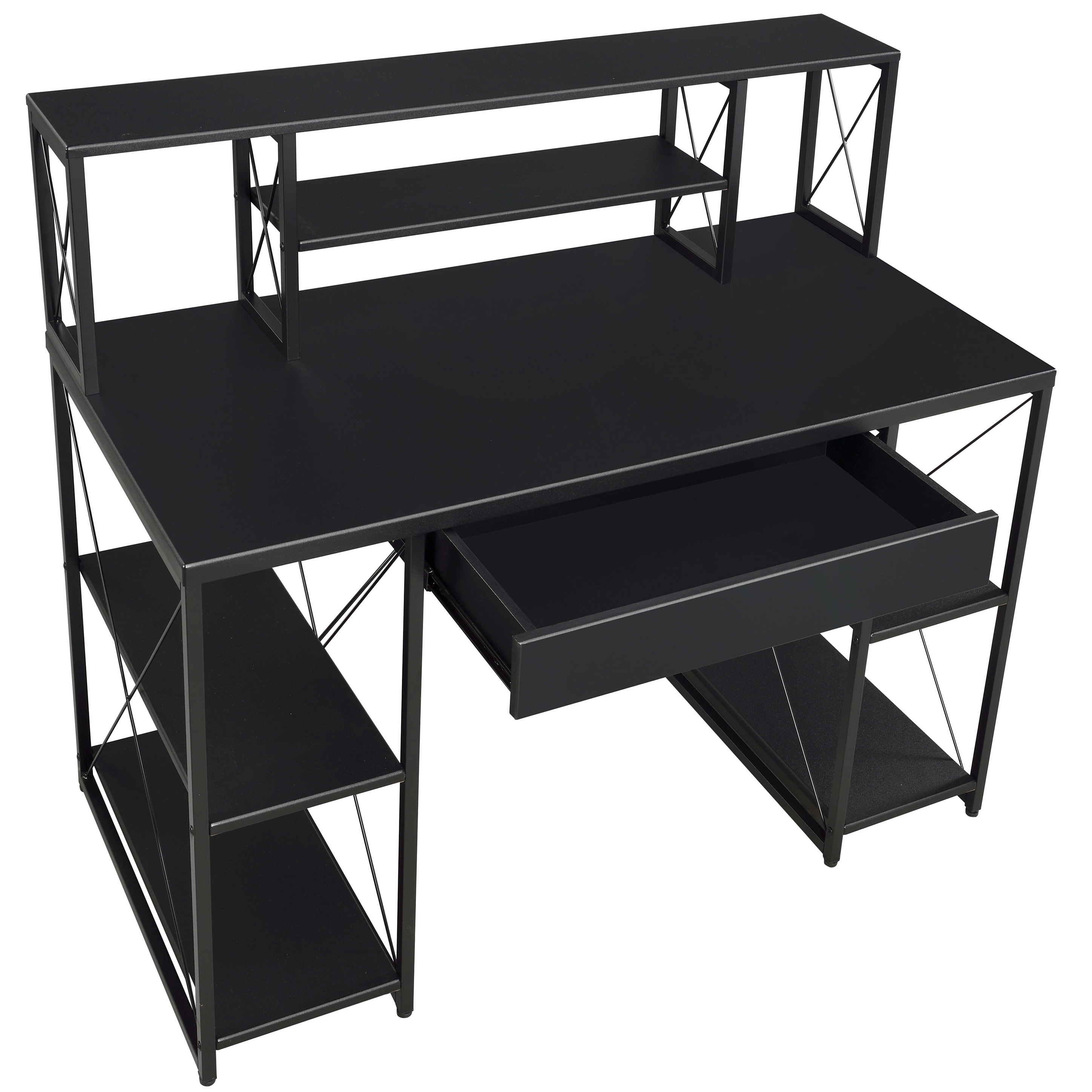 White And Black Office Desk With Open Shelves And Hutch