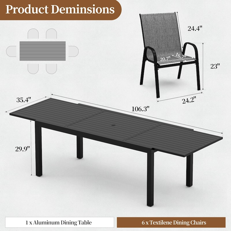 7/9/11-Piece Outdoor Dining Set with Aluminum Rectangular Extendable Patio Table and 6/8/10 Textilene Patio Chairs