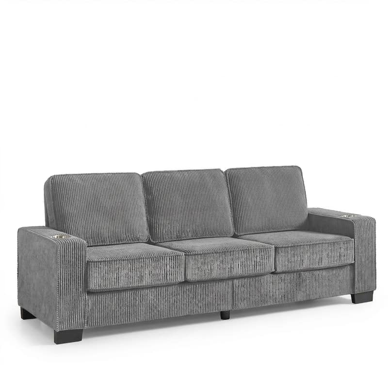 83.8'' Corduroy 3-Seat Sofa with Cup Holders, Modern Upholstered Couch, Compressed Living Room Sofa for Apartment Home Office