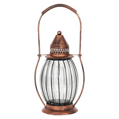 Exhart Solar Antique Metal and Glass Accent Lantern with Fifteen LED Firefly String Lights, 7 by 14 Inches
