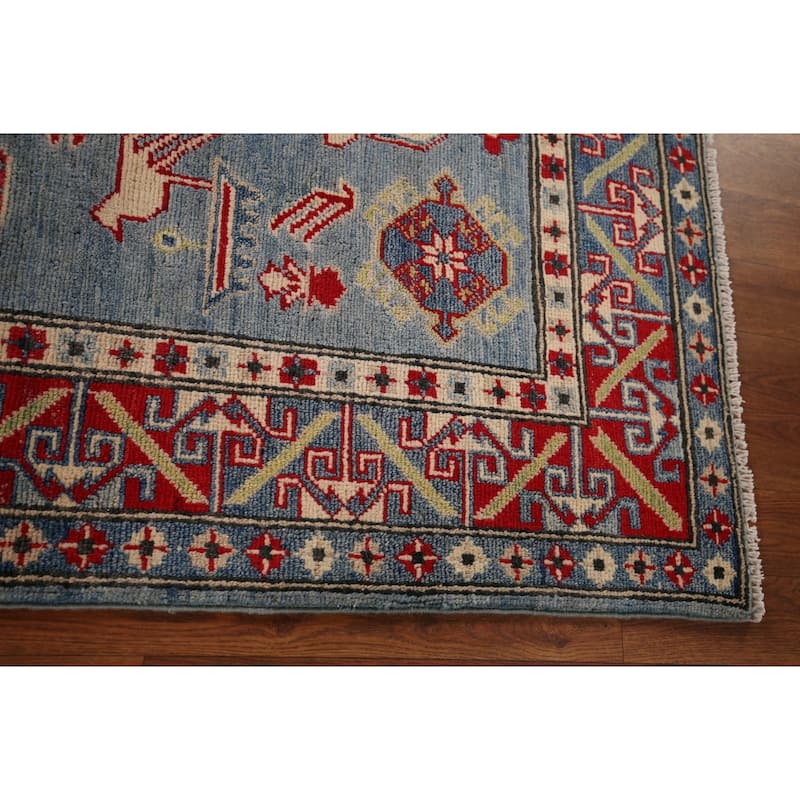 Geometric Blue Kazak Oriental Area Rug Handmade Wool Carpet - 4'3" x 5'11"