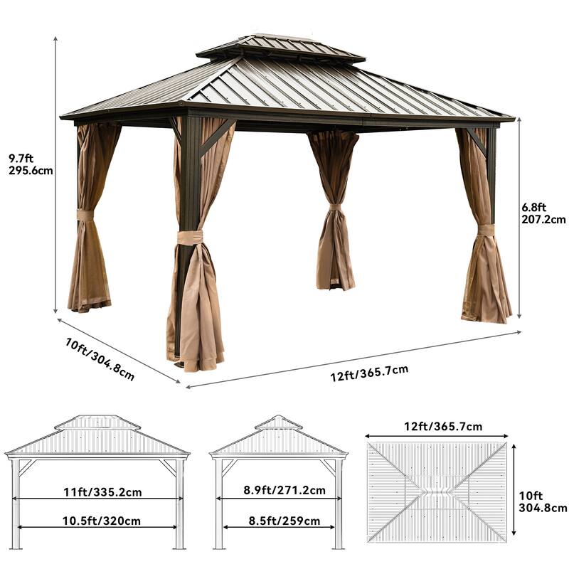 Outdoor Aluminum Frame 2-Tier Hardtop Gazebo with Nettings and Curtains