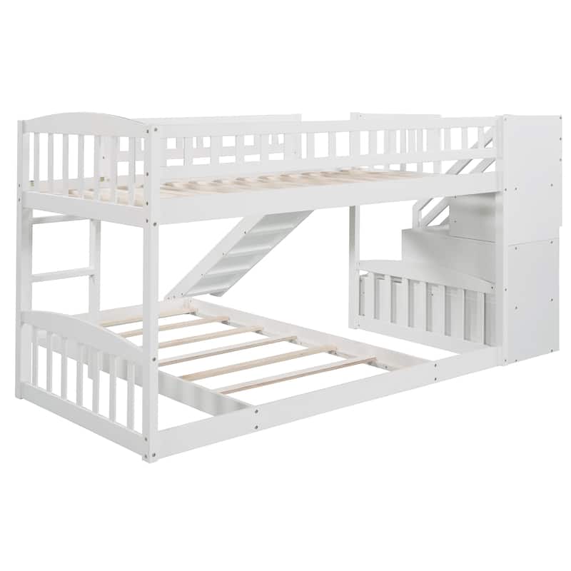 Stairway Twin over Twin Bunk Bed with Two Drawers and Slide, White