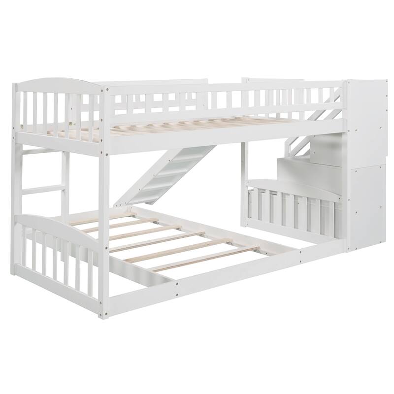 Twin over Twin Bunk Bed with Storage Stairs and Slides, Low Profile Platform Bed, Daybed and Floor Bed Set, No Box Spring Need