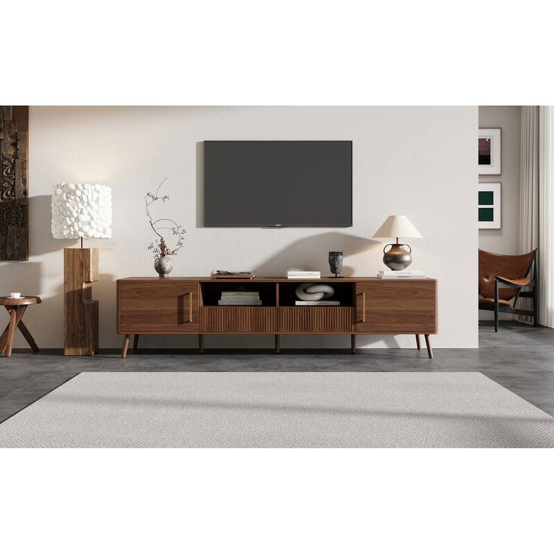 Roomfitters 78 Inch TV Stand for TVs up to 85 Inch, Walnut Media Console with Soft-Close Doors, Open Shelf & Wood Legs
