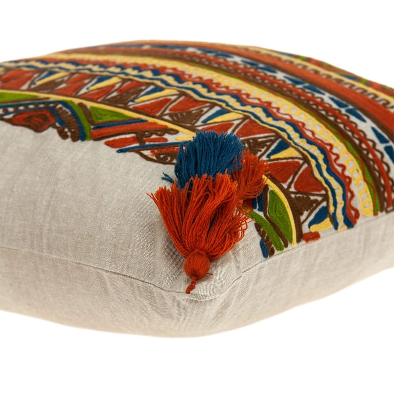 HomeRoots 20" Beige and Orange Striped Cotton Blend Throw Pillow With Embroidery