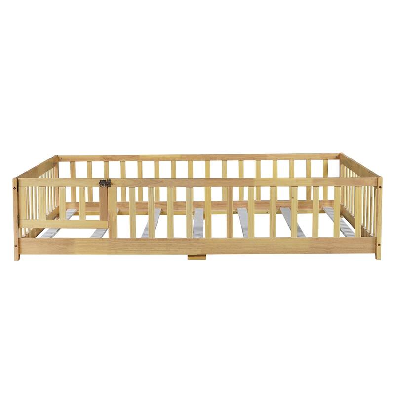 Full Size Floor Bed with Fence and Door,Rubber Wood Floor Bed with Safety Guardrails