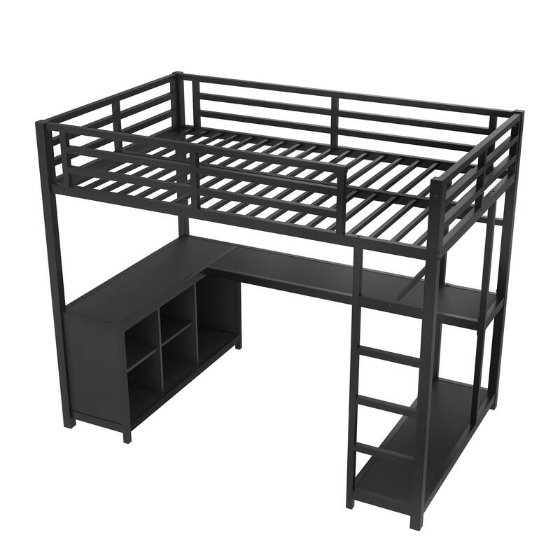 Roomfitters Metal Loft Bed with Wardrobe and L-Shaped Desk, Storage Shelves, Black