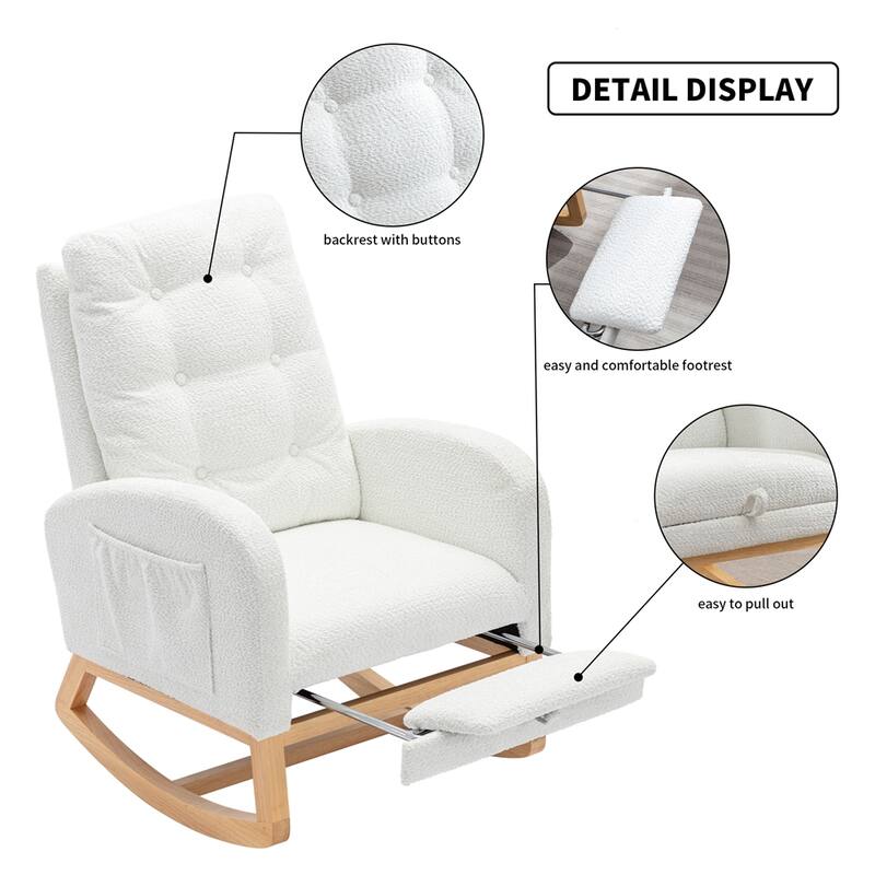 High Back Wood Rocking Chair with Footrest and Side Storage Pocket