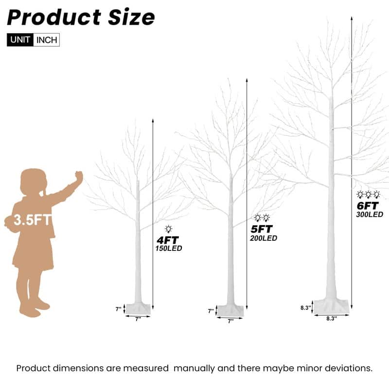 3-Piece Brich Tree Light Tree 4FT & 5FT & 6FT, Lighted Christmas Tree, Artificial Xmas Tree for Decoration Inside & Outside