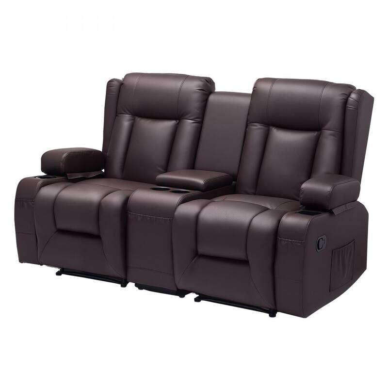 Brown PU Leather Manual Recliner Loveseat with High Back, Storage and Cup Holders - 65.5 x 36.2 x 40.9 in