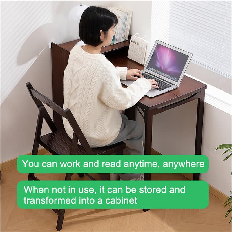 Bamboo Folding Desk with Hidden Storage & Built-in Socket for Small Spaces