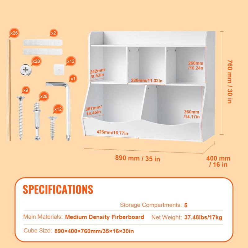 White Kid Toy Storage Cubby Organizer with Bookshelf and 5 Compartment Perfect for Nursery and Playroom - 35” × 16” × 30”