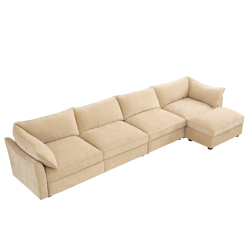 L-Shaped 4-Deep Seater Sectional Sofa Couch with 1 Movable Storage Ottoman & Pull out Drawers Under Each Seat
