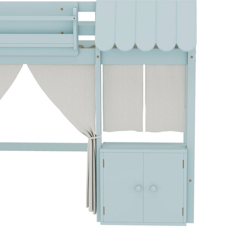 Roomfitters Low Loft Bed with Curtain and Storage, Solid Wood Cottage Frame with Bookshelf