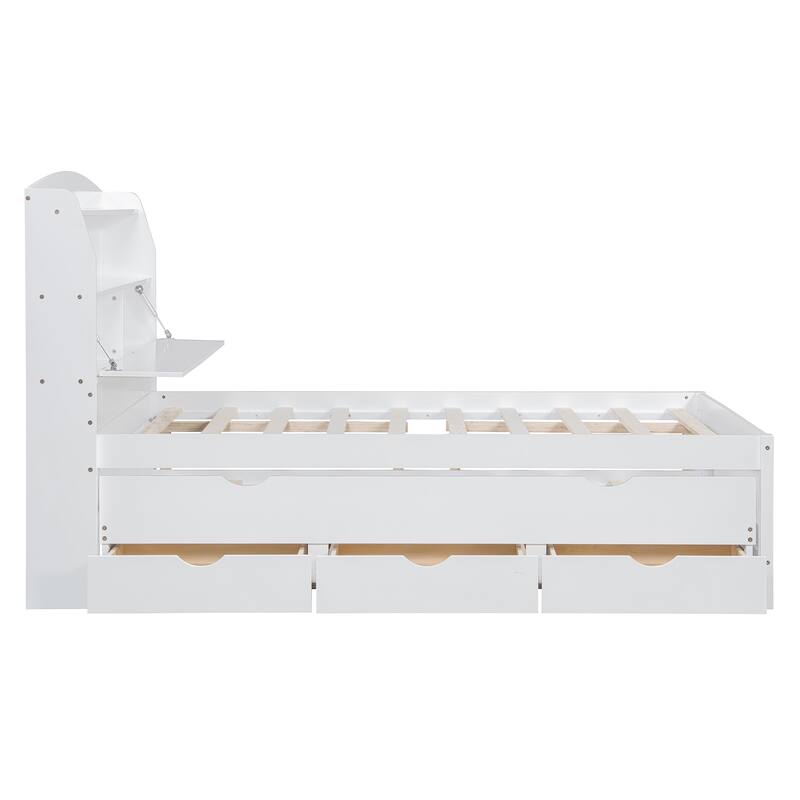 Full Size Wooden LED Platform Bed with Trundle, Storage Headboard, and Drawers in White