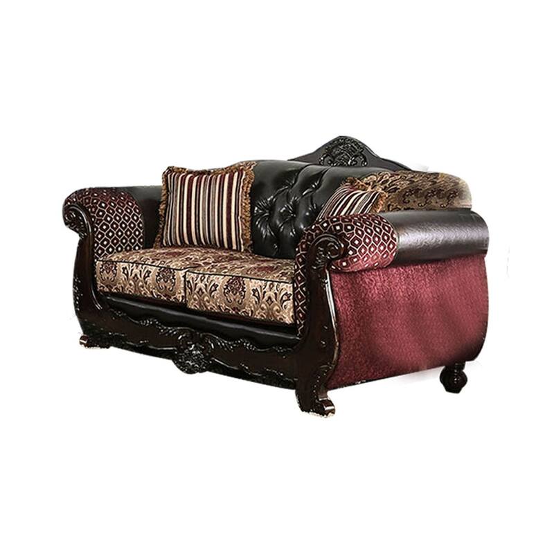 Leatherette Love Seat with Pillows in Burgundy