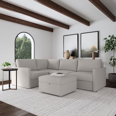Flex Taupe Fabric 4-Seat Sectional with Narrow Arm and Storage Ottoman - 103" x 37" x 71"