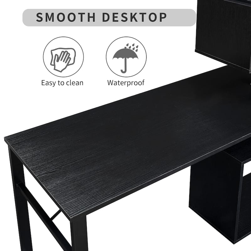 Roomfitters L-Shaped Home Office Desk, Corner Computer Table with 5-Tier Bookshelf, Lockable Casters, 4 Setups, Black