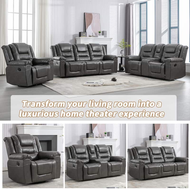 Roomfitters 2-Seater Manual Home Theater Recliner Chair with Storage Box and Cup Holders, Grey