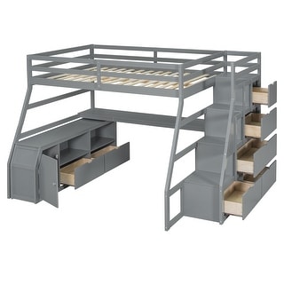 Full Size Loft Bed with Storage Stairs & Desk, Wooden Loft Bed Frame with 7 Drawers & 2 Shelves for Kids Boys Girls Teens, Grey