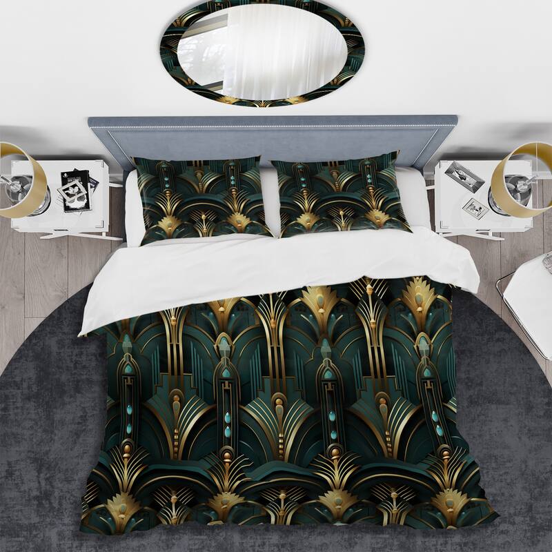 Designart "Gold And Green Art Deco Opulence" Gold Bohemian - Bedding Cover Set With Shams