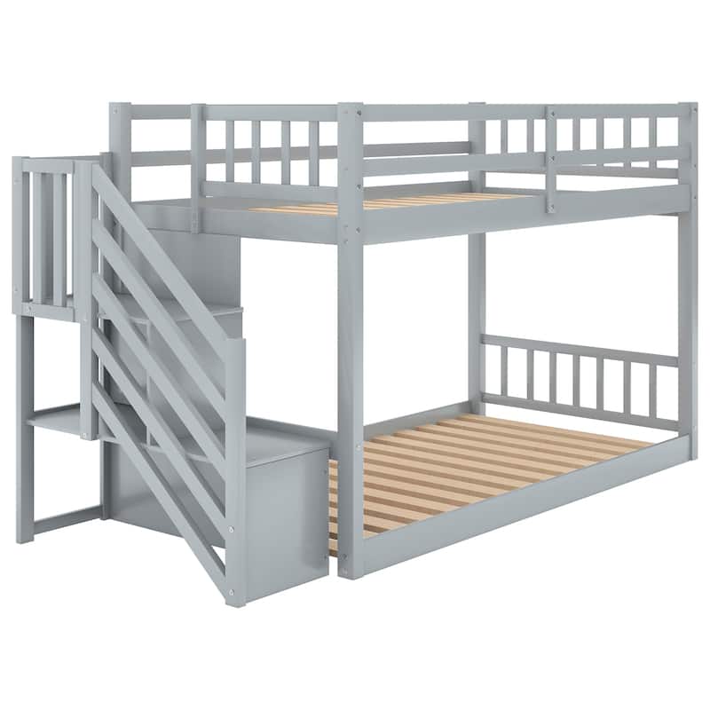 Stairway Twin over Twin Bunk Bed, Solid Pinewood Twin Size Floor Bunk Bed Frame with Storage Staircase and Guardrail
