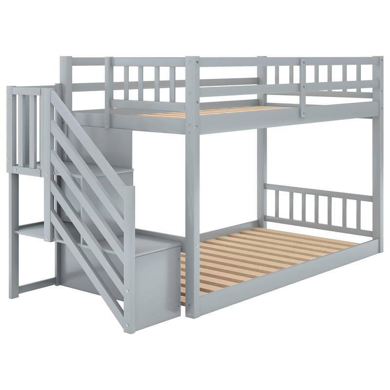 Twin over Twin Floor Bunk Bed with Storage Ladder, Gray