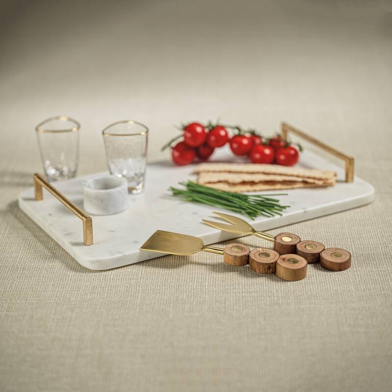 Kavala 14.75" Long Marble Tray with Gold Metal Handles