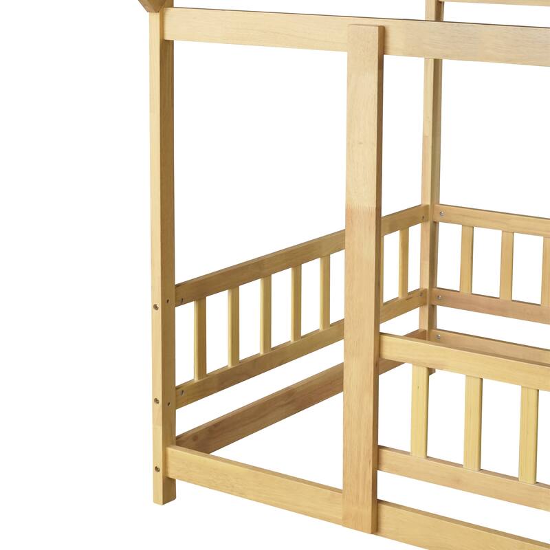 Twin Size House Floor Wooden Bed with Roof Frame, Safety Guardrails, Natural