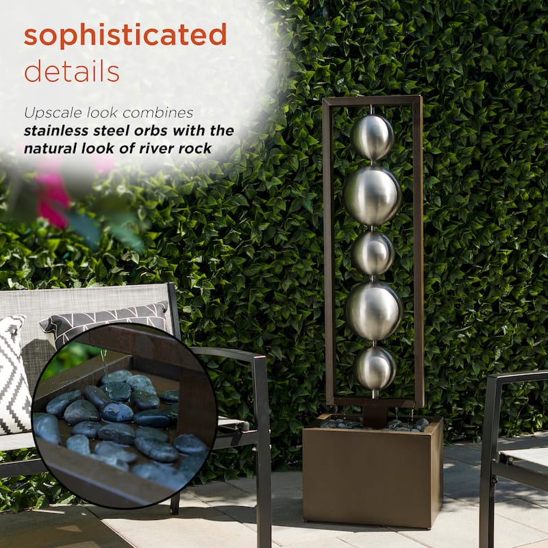 Alpine Corporation 55" Tall Outdoor Modern Column Fountain with Stainless Steel Orbs, Silver