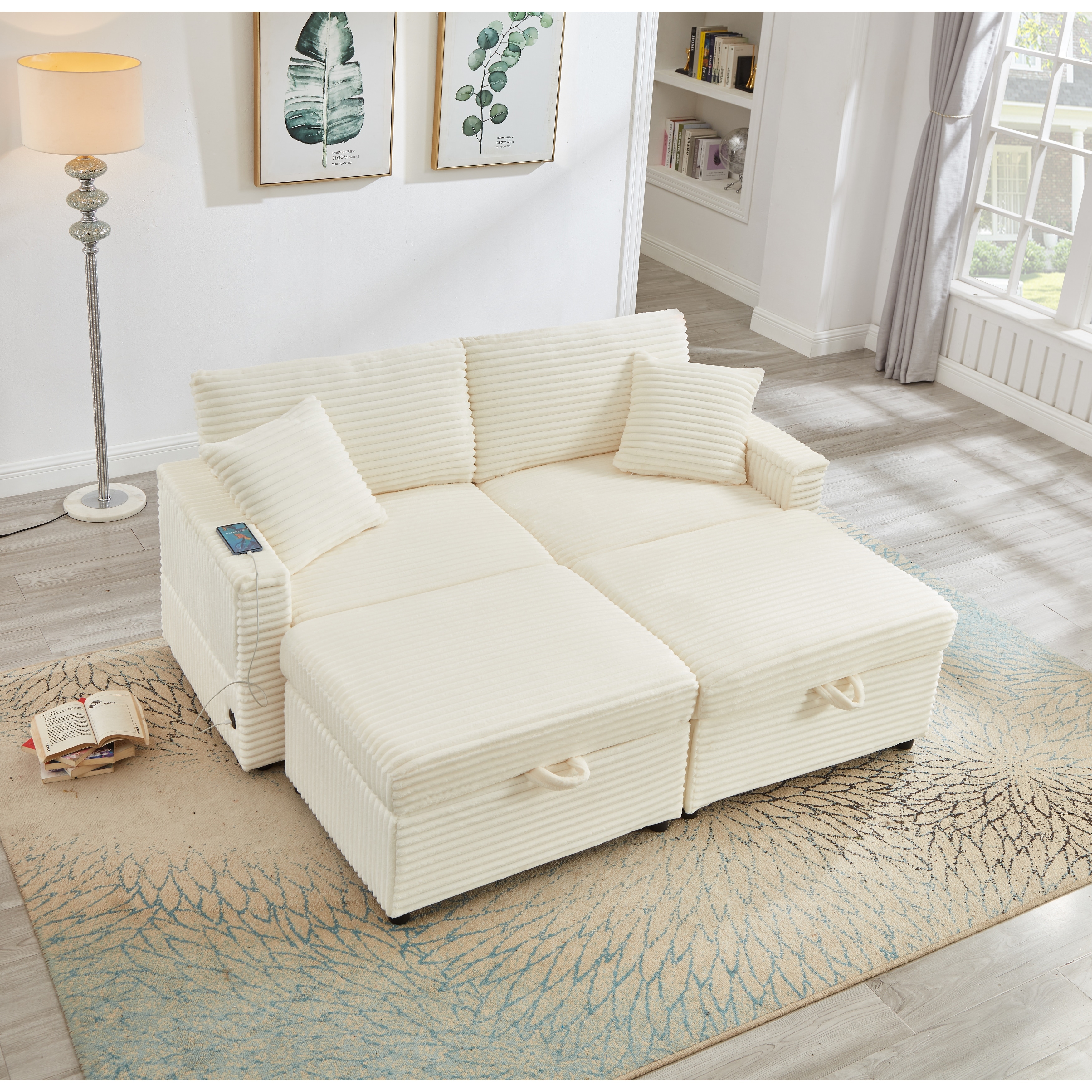 Corduroy Chaise Lounge Sectional Sofa w/Storage Ottoman, Folding Arm Table, Charging Port for Living Loveseat Accent Chairs