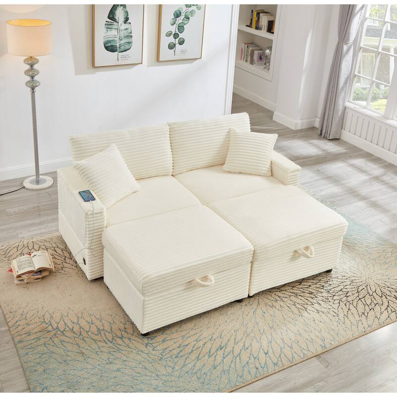 Modern Lazy Sofa Corduroy 2-Seater Sofa with Storage, Ottoman Lift-Arm Tables & USB Port Included, for Living Room