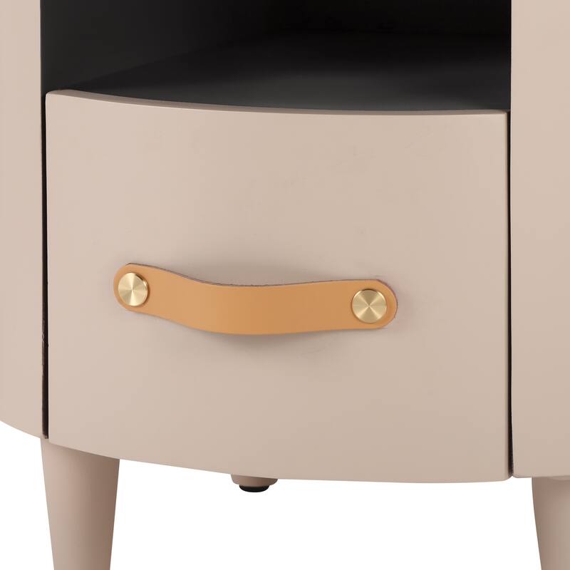 Contemporary Round Nightstand - Storage Drawer + Open Shelf, Curved Design, Easy Assembly (Khaki)