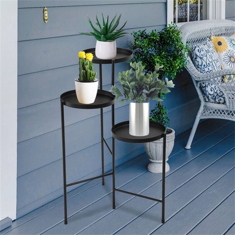 3 Tier Foldable Metal Plant Stand with Trays, Plant Holder Shelf Black