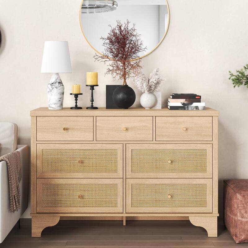 Dresser for Bedroom with 7 Drawers, 7 Drawers Double Dresser, 47.3'' Wide Wood Chest of Drawers with Wood Drawer - Natural