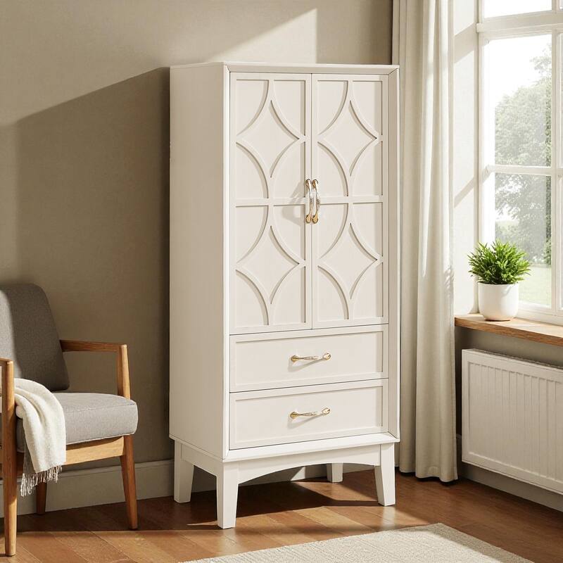 53.5" Tall Mid-Century Modern Storage Cabinet with Doors and Drawers, Retro Buffet Pantry Cabinet - Antique White